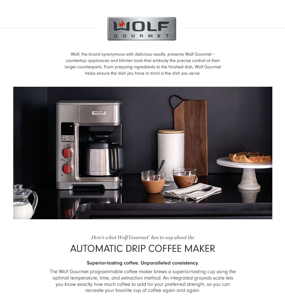 Wolf Gourmet Automatic Drip Coffee Maker, Stainless Steel & Black Knob