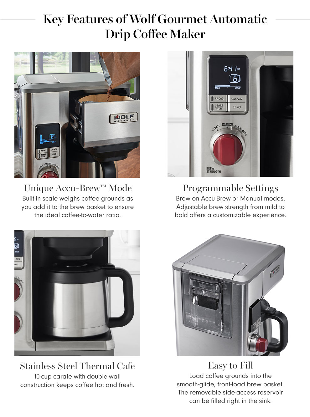 Wolf Gourmet Automatic Drip Coffee Maker, Stainless Steel & Black Knob ...