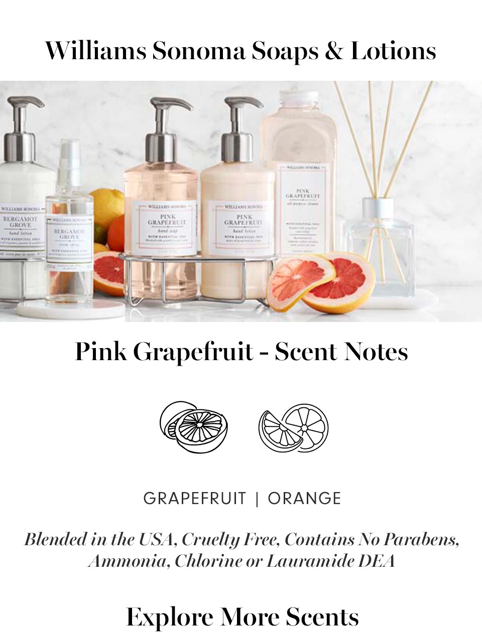 Williams Sonoma Pink Grapefruit Collection Scented Soaps + Lotions