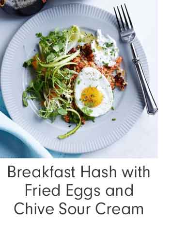 Breakfast Hash with Fried Eggs and Chive Sour Cream