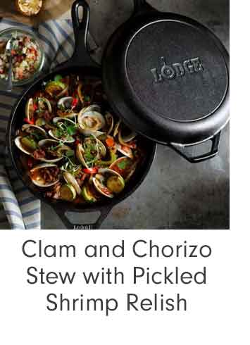 Clam and Chorizo Stew with Pickled Shrimp Relish