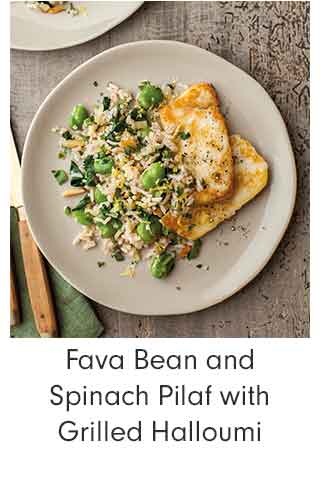 Fava Bean and Spinach Pilaf with Grilled Halloumi
