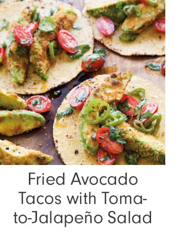 Fried Avocado Tacos with Tomato-Jalapeño Salad
