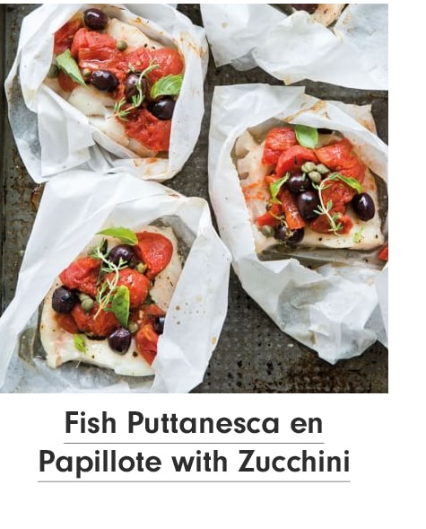 Fish Puttanesca en Papillote with Zucchini