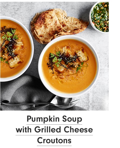 Pumpkin Soup with Grilled Cheese Croutons