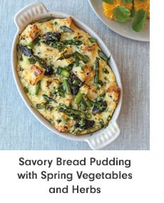 Savory Bread Pudding with Spring Vegetables and Herbs
