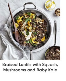 Braised Lentils with Squash, Mushrooms and Baby Kale