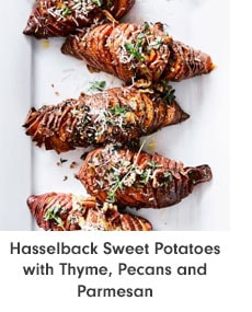 Hasselback Sweet Potatoes with Thyme, Pecans and Parmesan