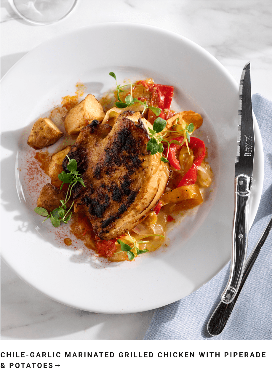 Chili Garlic Marinated Grilled Chicken with Piperade and Potatoes