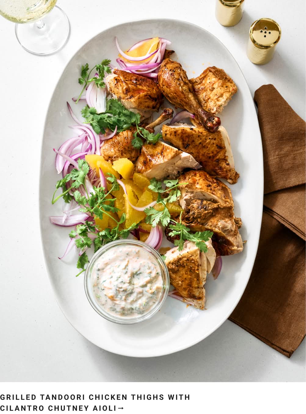 Grilled Tandoori Chicken Thighs with Cilantro Chutney Aioli