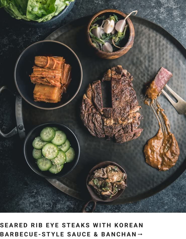 Seared Rib Eye Steaks with Korean Barbecue-Style Sauce and Banchan