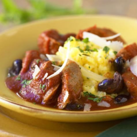 Polenta with Sausages and Tomato-Olive Ragout