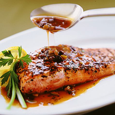 Pepper-Crusted Salmon with Olive Sauce