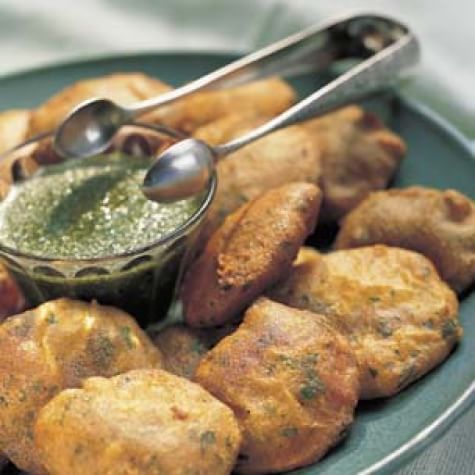 Spicy Potato Fritters with Green Chutney