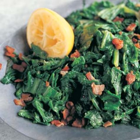 Wine Braised Mustard Greens with Crispy Pancetta - Savor and Sage