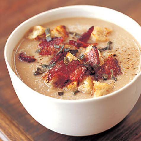 Chestnut and Celery Root Soup with Sage Croutons and Bacon