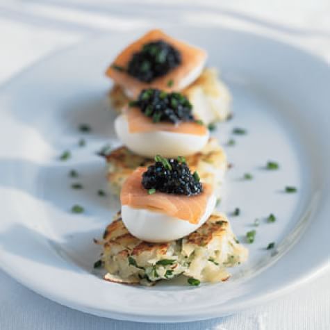 Potato Latkes with Smoked Salmon, Quail Eggs and Sevruga Caviar