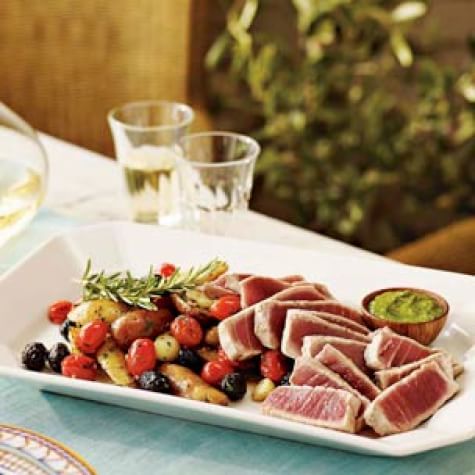 Grilled Potatoes with Tomatoes and Olives