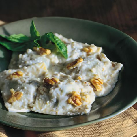 Wild Greens-Filled Ravioli with Walnut Sauce