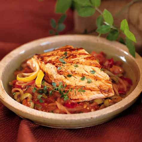 Grilled Salmon with Lemon-and-Thyme-Scented Salsa Veracruzana