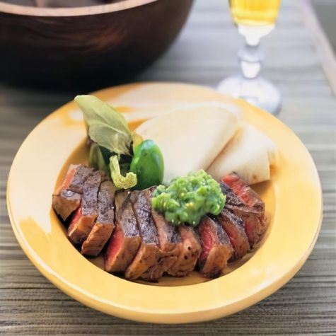 Grilled Steak with Avocado-Tomatillo Salsa and Tortillas