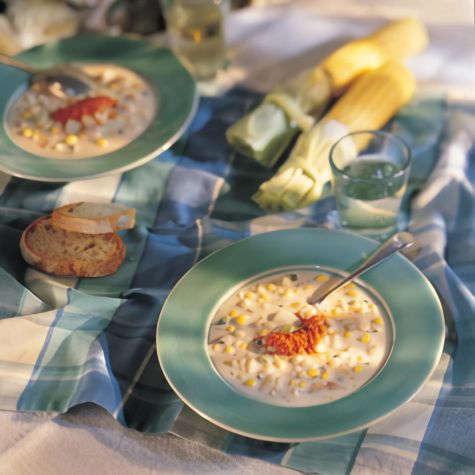 Corn Chowder with Red Pepper Cream