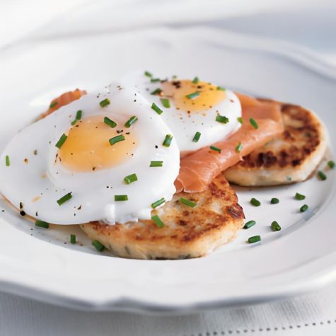 Potato Pancakes with Smoked Salmon and Poached Eggs