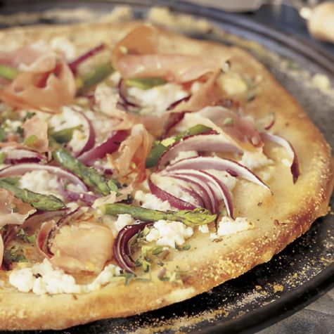Asparagus, Goat Cheese & Prosciutto Pizza