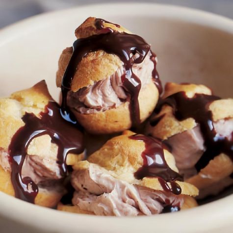 Profiteroles with Ice Cream and Chocolate Sauce