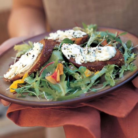 Farmers' Market Greens with Baked Goat Cheese Toasts
