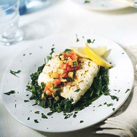 Saffron-Scented Halibut with Spinach, Zucchini and Tomato