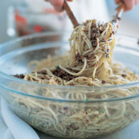 Spaghettini with Olive Pesto