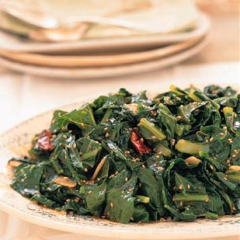 Collard Greens with Benne Seeds and Chili Oil