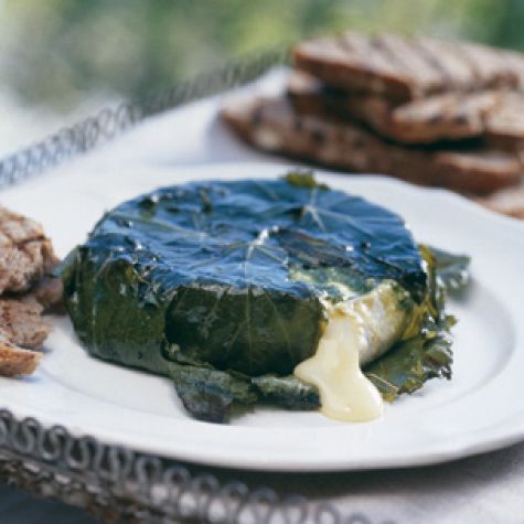 Grape Leaf-Wrapped Camembert with Pesto