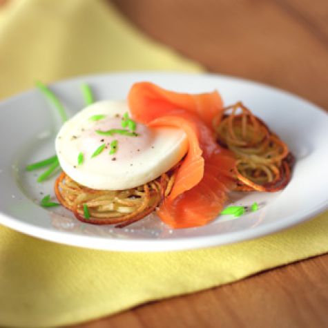 Potato Pancakes with Poached Eggs & Smoked Salmon