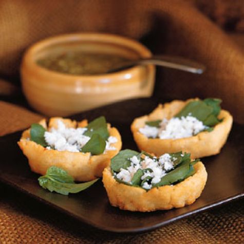 Crispy Potato Sopes (Masa Boats) with Salsa, Goat Cheese and Herb Salad