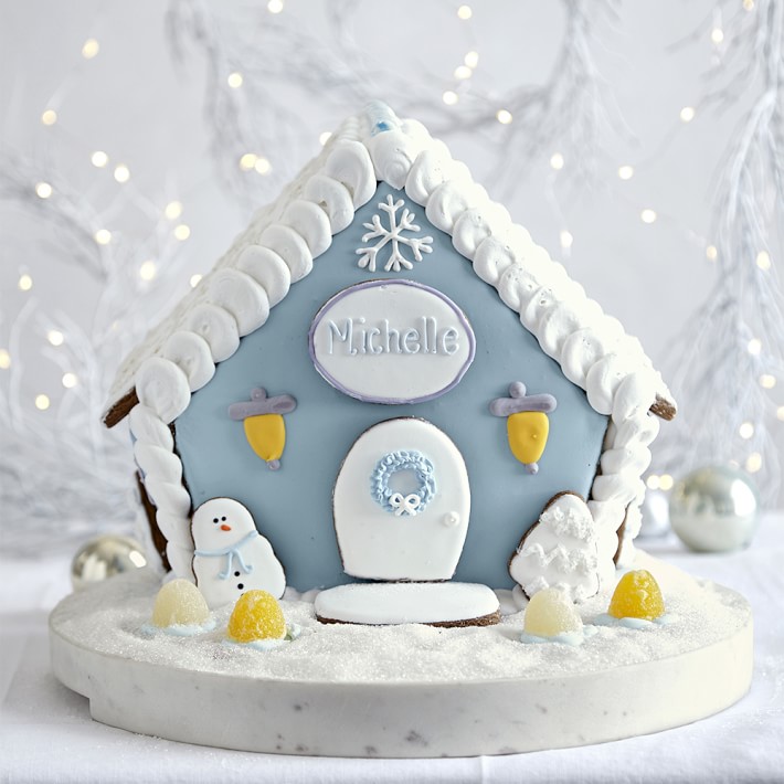 Winter Gingerbread House Cottage Centerpiece with personalization - Williams Sonoma. #gingerbreadhouse #premadegingerbreadhouse