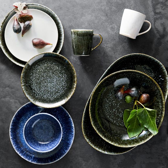 3pc pottery dinnerware place setting in tea green on dark clay no mug