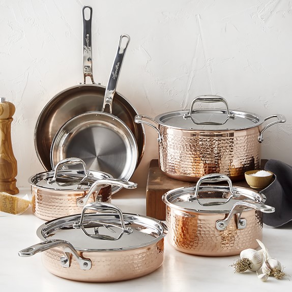 Cuisinart hammered tri ply stainless steel 9 piece cookware set Lagostina Martellata Hammered Copper 10 Piece Cookware Set Williams Sonoma