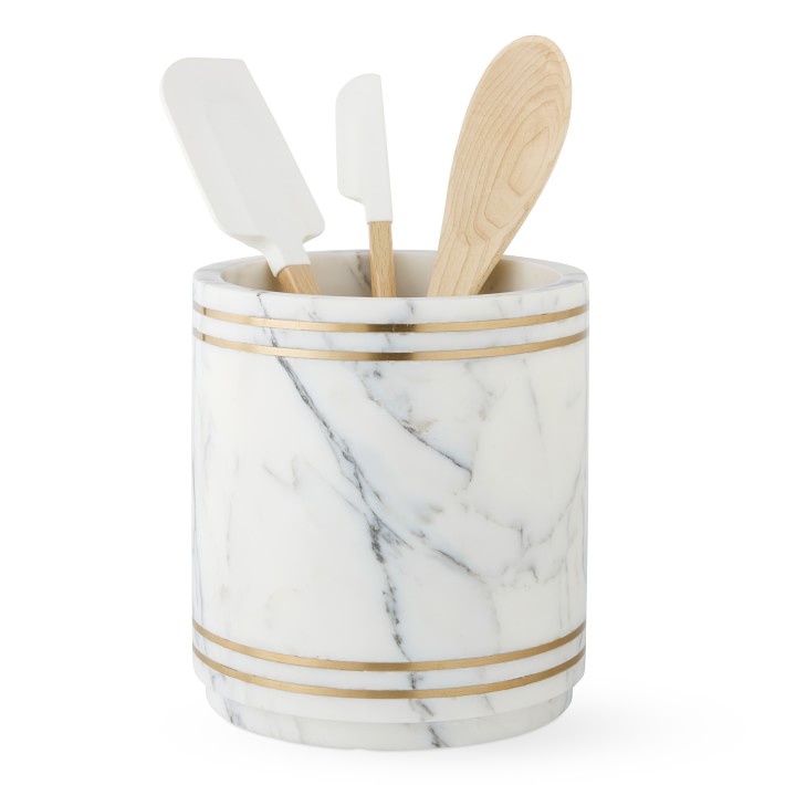 White and Gold Marble Utensil Holder Williams Sonoma