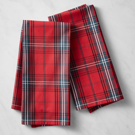 Cherry Plaid Tartan Red White Blue Linen Cotton Tea Towels by Roostery Set of 2 