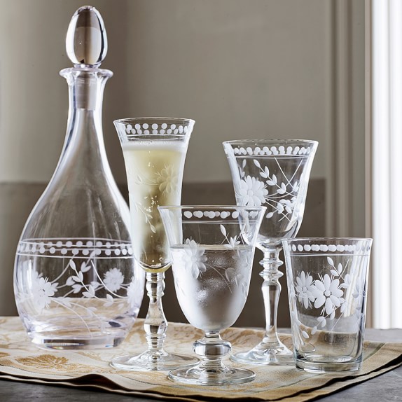 Set of 4 Floral Etched Wine glasses ~ Water Goblet Vintage Etched Wine Glasses 