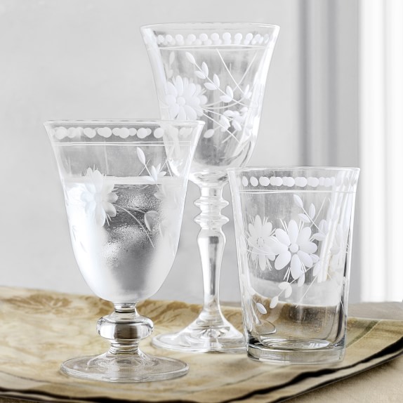 Floral Etched Wine glasses ~ Water Goblet Set of 4 Vintage Etched Wine Glasses 