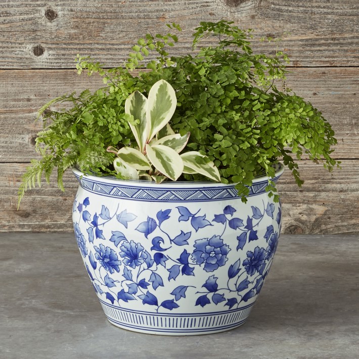 Plant Pot In Shape Of 2 Houses Blue & White Village Pottery Planter 288262 