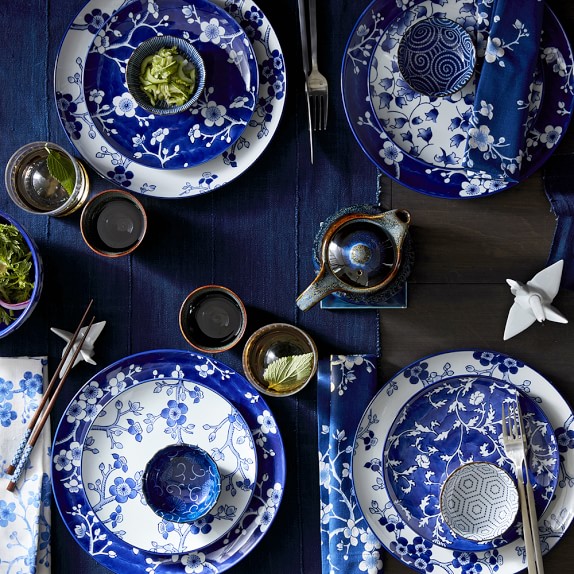 Japanese Garden Dinner Plates, White & Blue