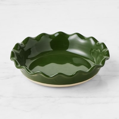 Emile Henry French Ceramic Vintage Ruffle Solid Glaze Pie Dish, Green