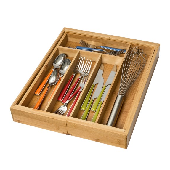 BAMBOO WOODEN EXTENDING CUTLERY TRAY ORGANISER EXPANDABLE DRAWER STORAGE BOX SET 