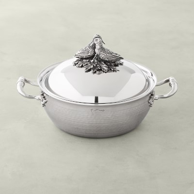 Ruffoni Opus Prima Hammered Stainless- Steel Saucier with Lovebirds Knob, 4-Qt.