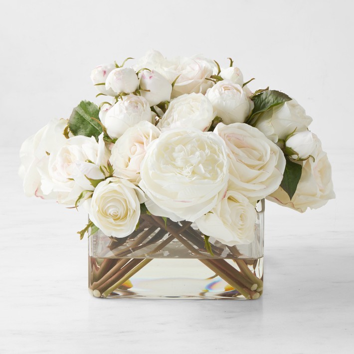 Faux White Rose Arrangement in Square Vase Williams Sonoma