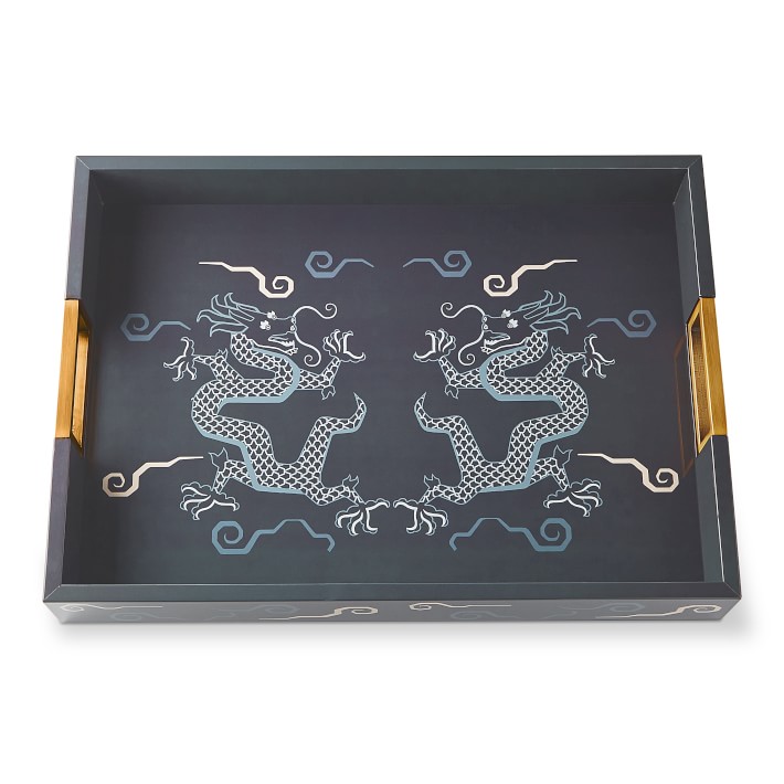 Schumacher Bixi Dragon Blue Printed Paper Decorative Tray | Williams Sonoma